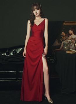 Picture of Sexy Wine Red Color Satin Straps Long Party Dresses, Charming Dark Red Color Formal Dress